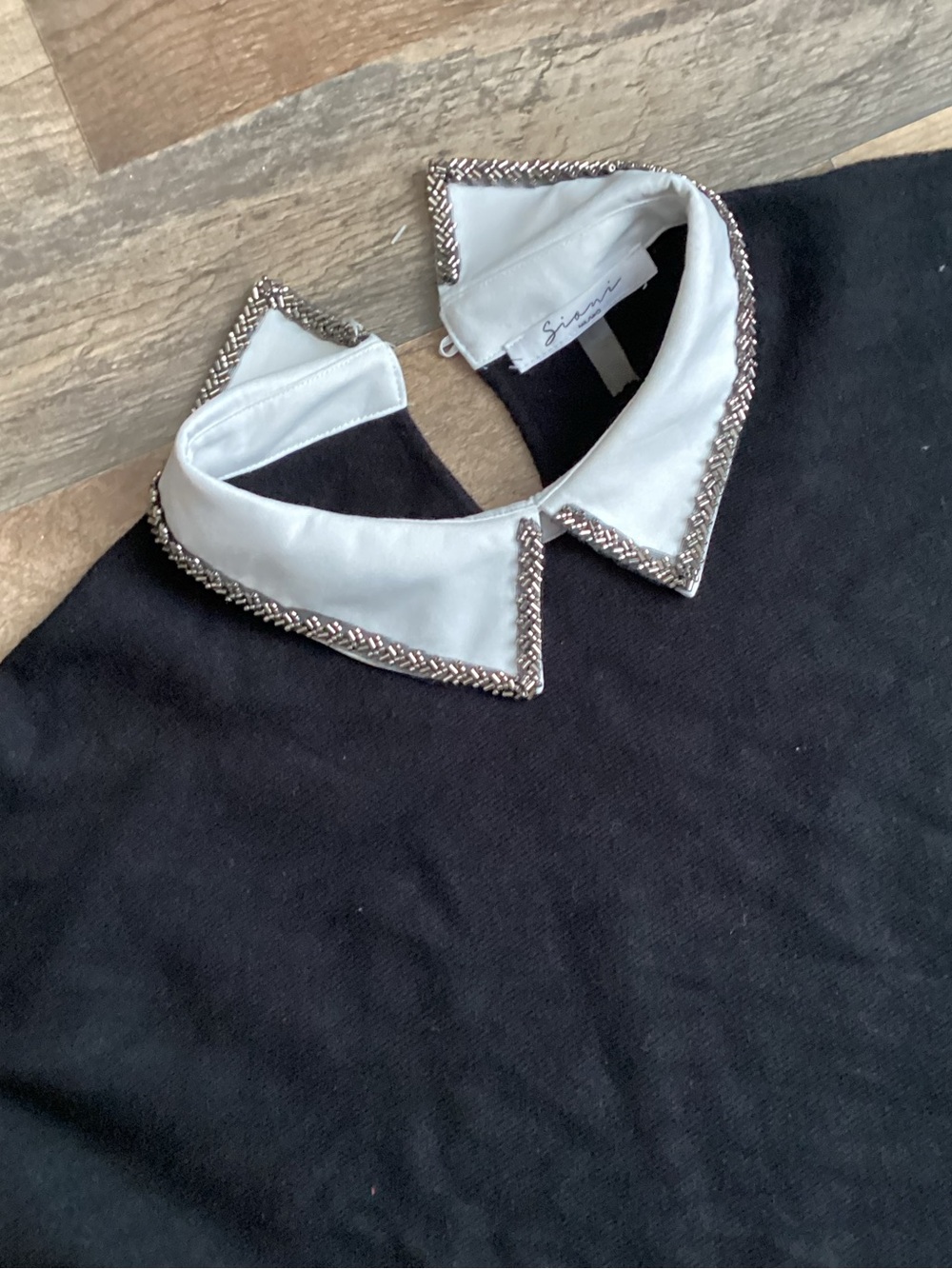 Sioni Black Top with White Jeweled Trimmed Peter Pan Collar - Picture 3 of 5